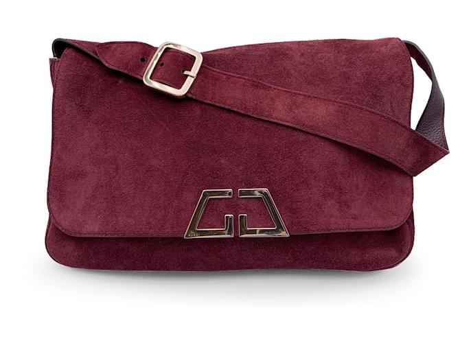 Gucci Grand sac à bandoulière unisexe à rabat en daim bordeaux vintage Suede  ref.776841