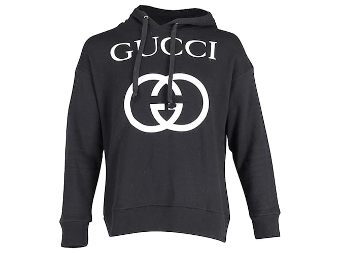 Gucci Interlocking GG Logo Print Hoodie in Black and White Cotton