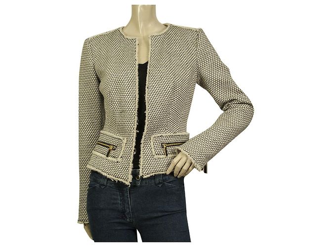 Michael Kors Schwarz & Weiß Offene Frontreißverschlüsse Baumwolle Leinen Tweed Jackengröße 2