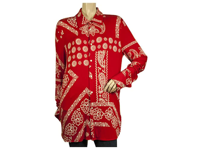 Palm Angels Rouge Blanc Paisley Long Blouse Snap Button Jersey Shirt Top Taille 42 Viscose  ref.777709