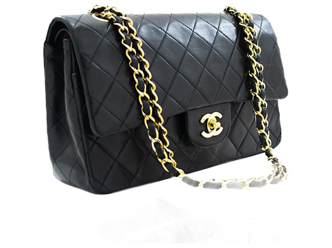 CHANEL Classic Double Flap 10" Chain Shoulder Bag Black Lambskin Leather  ref.777781
