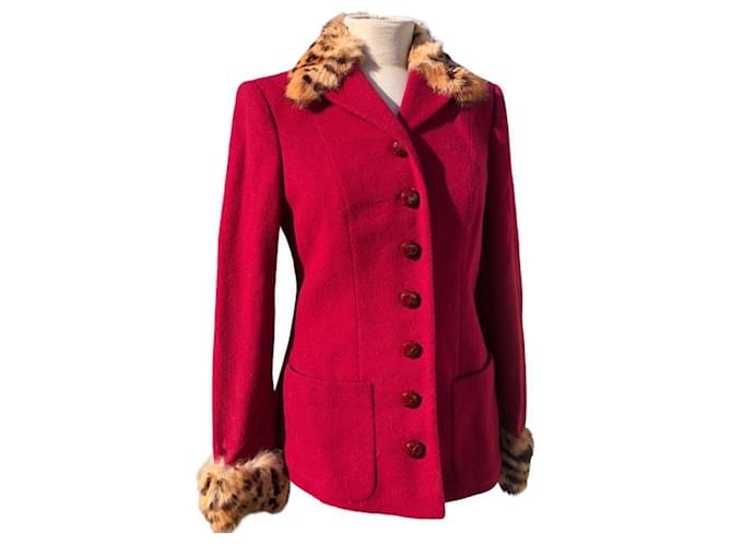 Blumarine New Red Coat com pele de leopardo Preto Multicor Bordeaux Raposa  ref.778001
