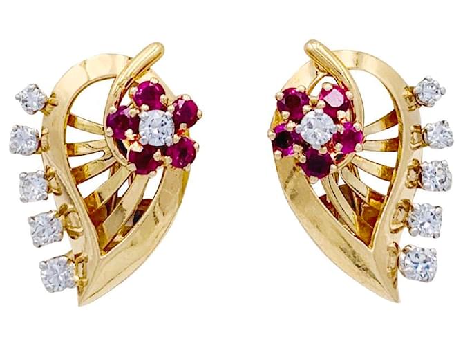 inconnue VINTAGE earrings, "Leaves", Rose gold, diamants, ruby. Pink gold Diamond  ref.778139