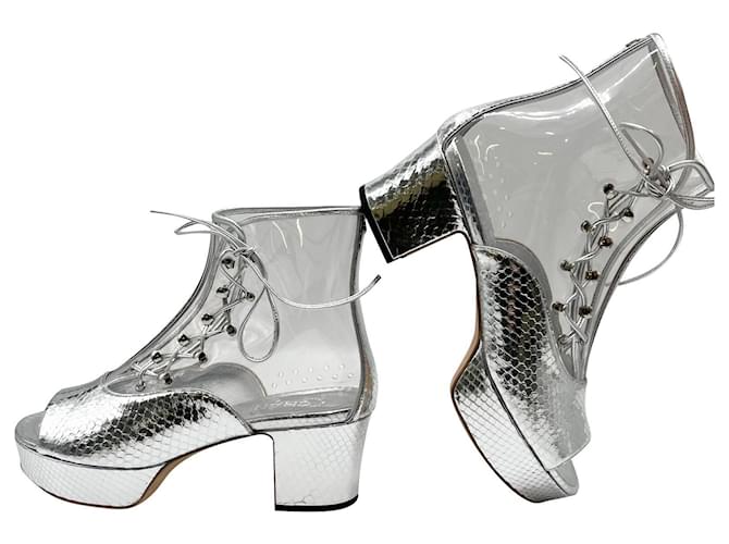 Chanel Silver PVC Clear Ankle Boot Size 40 US 10 Grey Leather  ref.778154