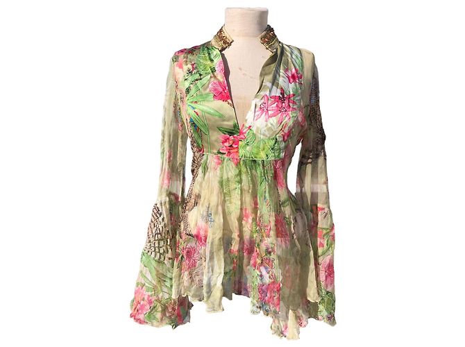 Roberto Cavalli 100% Camicetta di seta Rosa Verde chiaro