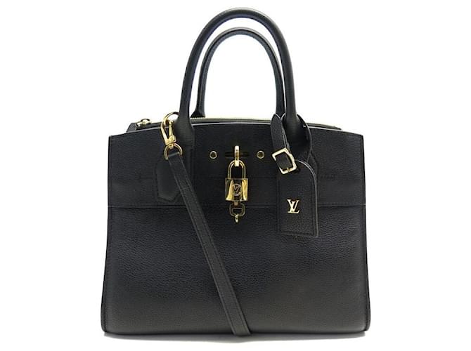 LOUIS VUITTON Noir Black Leather City Steamer MM Shoulder Bag