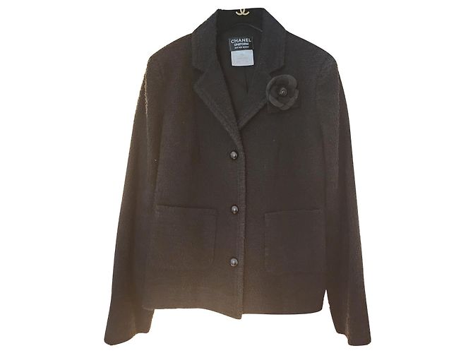 Giacca uniforme Chanel con camelia e gruccia inclusa Nero Blu navy