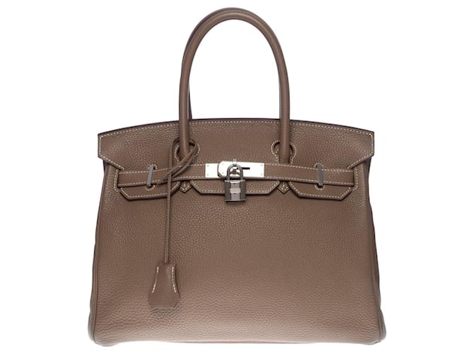 Splendid Hermès Birkin handbag 30 in taupe Togo leather with white stitching Grey  ref.779591