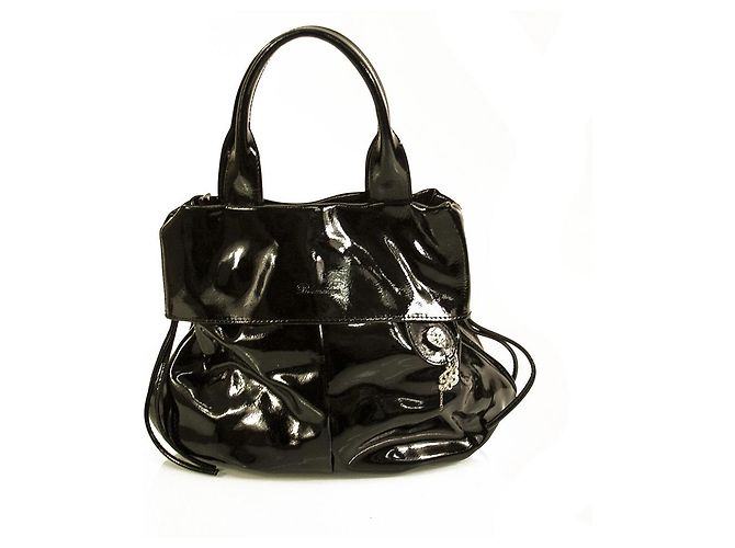 Blumarine Schwarzes Lackleder gefütterte Griffe B Charm Kleine Handtaschentasche