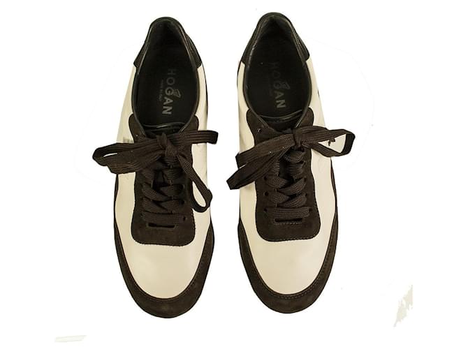 HOGAN Chaussures basses en daim blanc et marron Baskets Baskets chaussures pointure 39 Cuir Noir  ref.780580