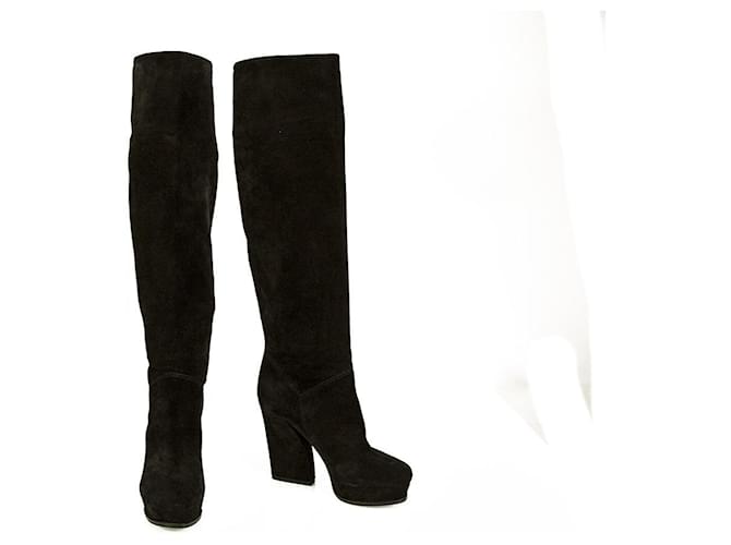 Lanvin Black Suede Knee Height Boots High Heels Platform Shoes size 37 Leather  ref.780598