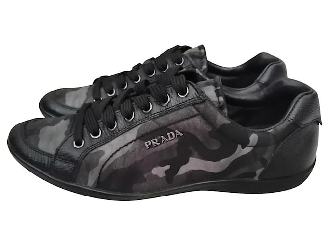 Prada Sneakers Black Grey Leather Polyester  ref.782119