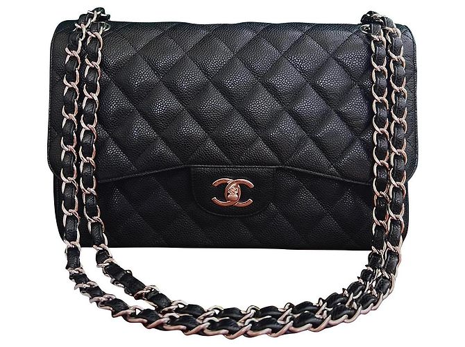 Chanel Classica patta foderata di caviale jumbo Nero Silver hardware