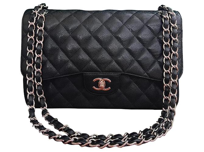 Chanel Classic caviar jumbo lined flap Black Silver hardware Leather  ref.782626