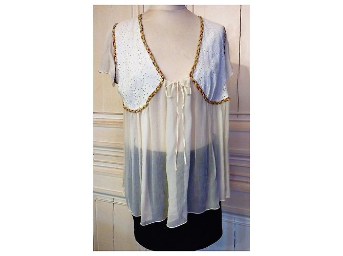 ANTIK BATIK BLUSE FOLK SEIDE VOILE SPITZE TM ODER T 44/46 Beige