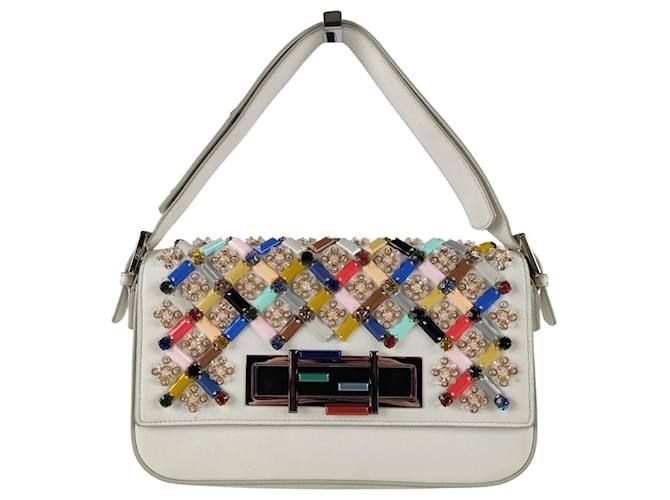 Fendi Baguette Shoulder Bag With Crystals White Leather  ref.783561