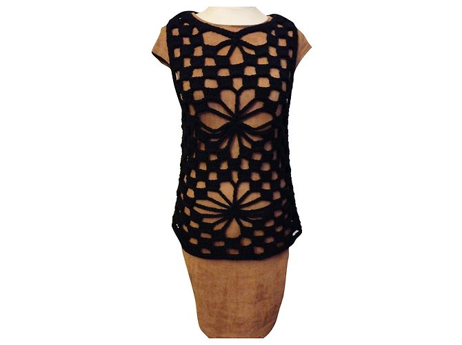 CACHAREL LIGHT PULLOVER XADREZ ROSETTES CROCHÊ T 38/40 Preto