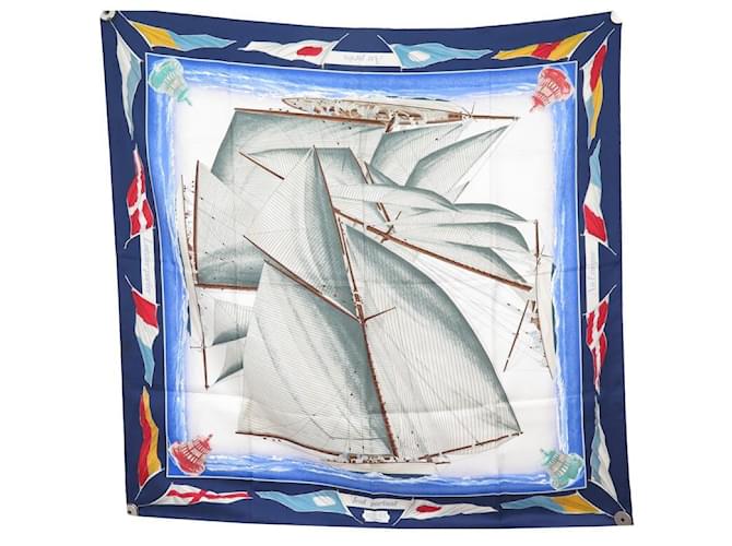 Hermès FOULARD HERMES VENT PORTANT YANNICK MANIER CARRE 90 EN SOIE BLEU SILK SCARF  ref.784731