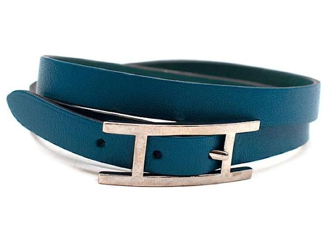 Hermès Blaugrünes, mit Behapi gefüttertes Tour-Armband PHW Leder  ref.785769