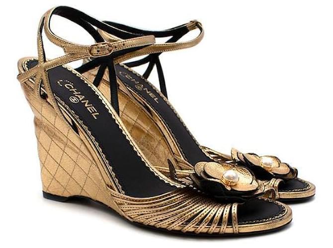 Chanel Gold Camellia Applique Wedge Sandals Golden Metallic