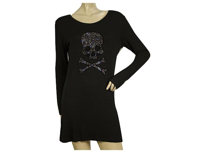 Philipp Plein Black Long Sleeves Rhinestones Skull T-shirt Mini Dress size XL Viscose  ref.786016