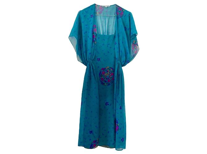 Sublime conjunto vintage japonês 70s Guy Laroche pato de seda azul, TOLET, querida Mostarda Verde escuro  ref.786158