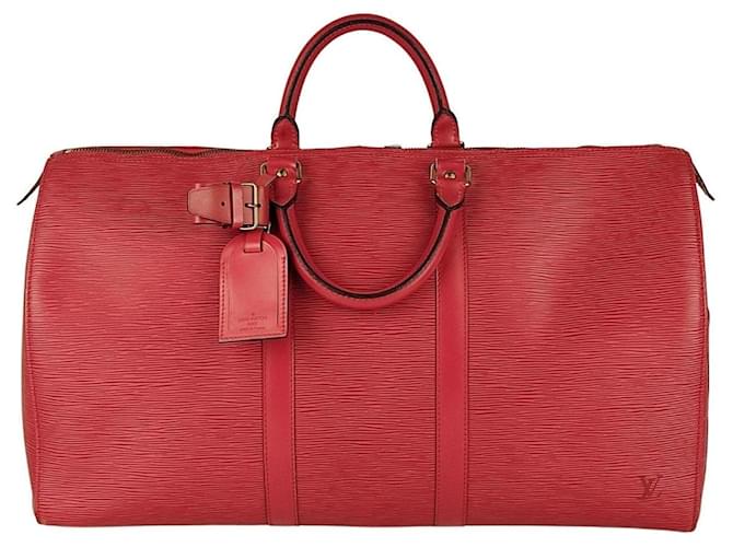 Keepall Guardapolvo rojo de Louis Vuitton 50 Bolsa de viaje Roja Cuero  ref.786524