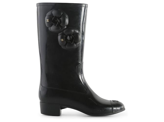 Barcelona Besnoeiing Intrekking Chanel Black Rubber Camellia Rain Boots ref.786779 - Joli Closet