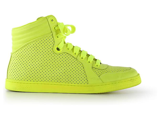 Gucci Neon Yellow Perforated Leather Lace Up High Top Sneakers  ref.787005