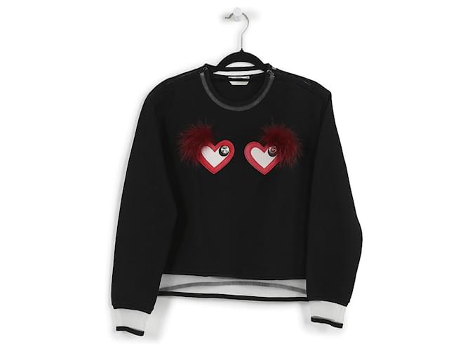 Suéter Fendi de algodón negro con ojos de corazón y ribete de piel de zorro  rojo  - Joli Closet
