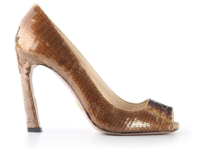 Zapatos de tacón peep toe con lentejuelas bronce de Prada Metálico  ref.787115