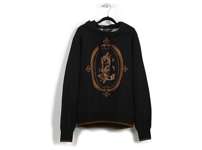 Dolce & Gabbana Felpa con cappuccio stampa logo DG in cotone nero/oro  ref.787145