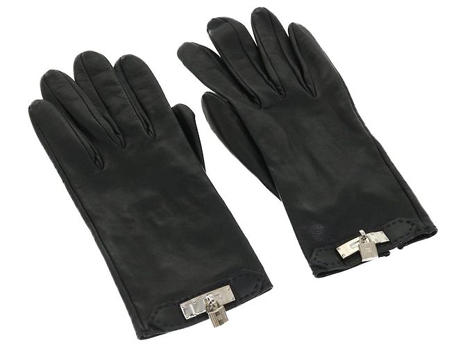 Hermès HERMES Kelly Charm Handschuhe Leder 7 Schwarze Auth 35557