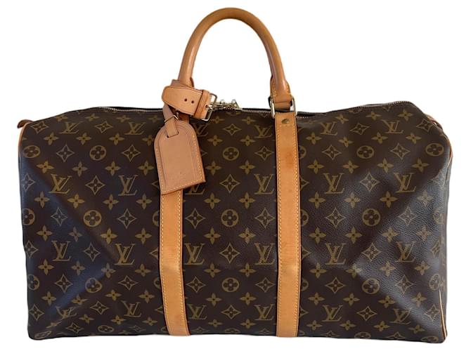 Louis Vuitton Keepall 50 travelbag monogram Brown Dark brown Leather Cloth  ref.787628