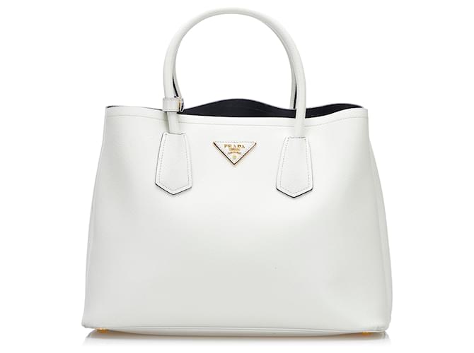 Prada Double Saffiano Leather Mini Bag, Women, White/black
