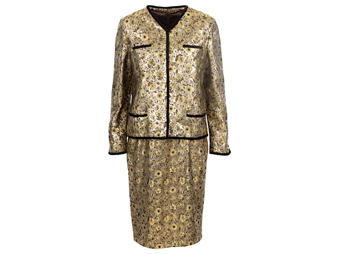 Valentino Night Floral Brocade Jacket and Dress Suit Golden Metallic Silk  ref.788392