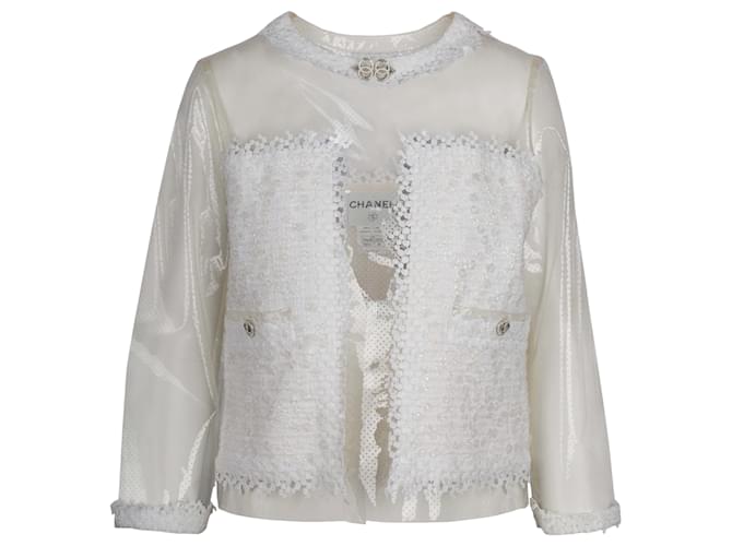 Chanel durchsichtige Jacke mit weißer Spitzenstickerei Baumwolle  ref.788404