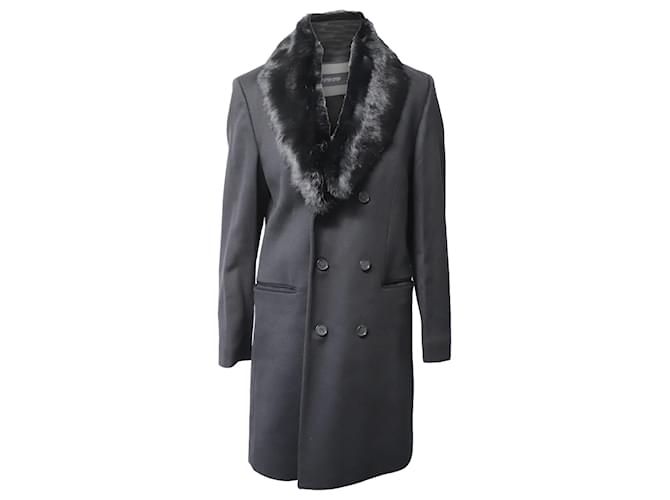 Hugo Boss Boss Double- Breasted Coat with Fur Collar in Black Wool  ref.788453