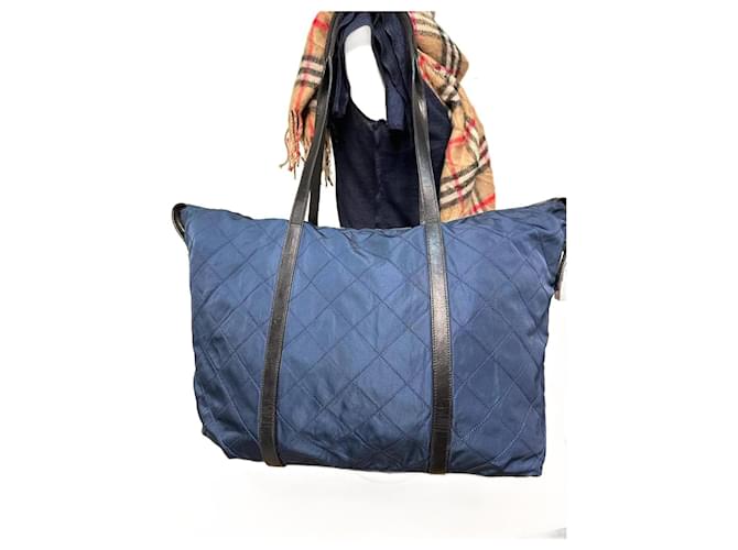 Tote Authentic Prada Tessuto in Begonia Blue Nylon Quilted Cloth Black Patent leather  ref.789497