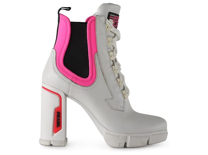 Prada Chunky White and Neon Pink Lace-up Ankle Boots Leather Pony-style calfskin  ref.789909