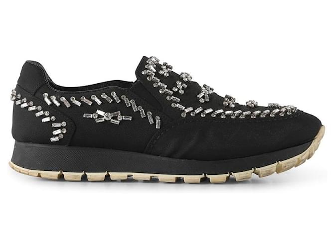 Zapatillas sin cordones con adornos de cristal de lona negra de Prada Negro Lienzo  ref.789991