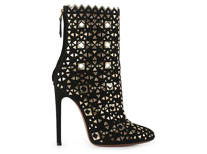 Alaïa Stivali Alaia in camoscio nero e oro con dettagli a specchio Svezia  ref.790913