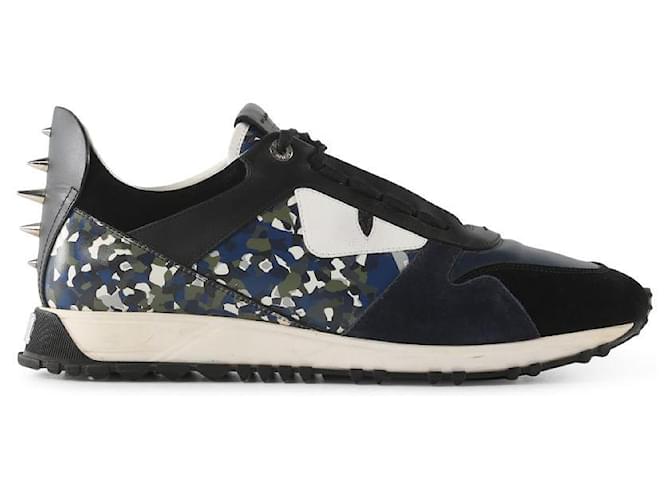 Fendi Baskets Spike Runner en daim cuir granit noir et bleu marine ref.790920 Joli Closet