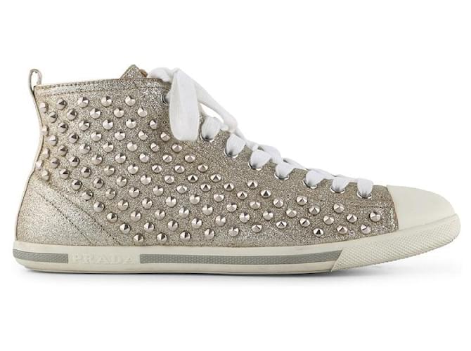 Prada Sport Gold Studded Glitter And Leather High Top Sneakers Silvery Metallic  ref.790930