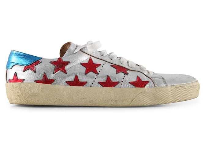 Saint Laurent Metallic Silver/Blue Leather Court Star Low Top Sneakers