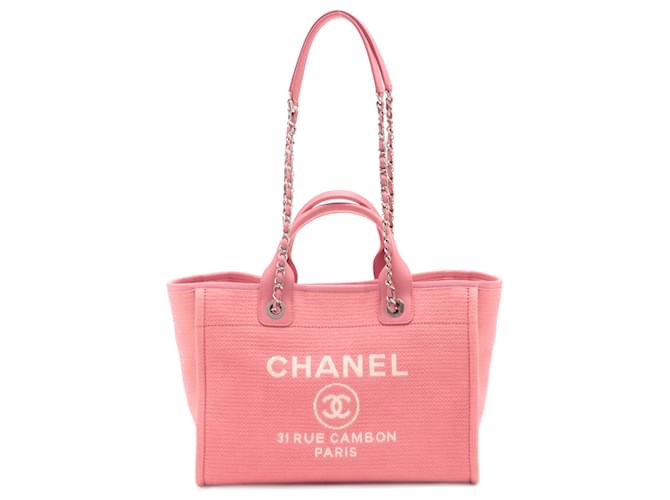 Chanel Deauville MM Canvas & Leather 2way Pink Silver Cloth ref