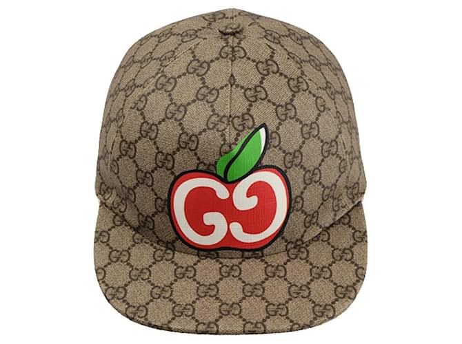 Casquette Gucci GG Monogram Supreme Apple Cuir Toile Marron Beige  ref.791188