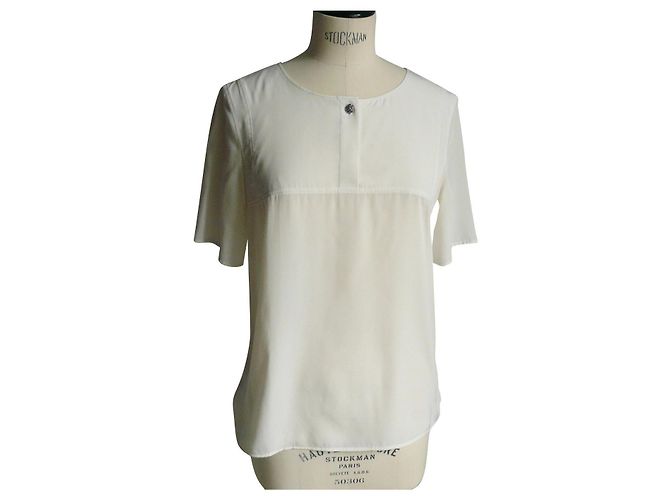 CHANEL UNIFORM Camélia Bluse Langarm ecru T38 /sein Aus weiß