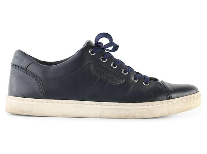 Dolce & Gabbana Navy Blue Leather Lace-Up London Low Top Sneakers  ref.792727