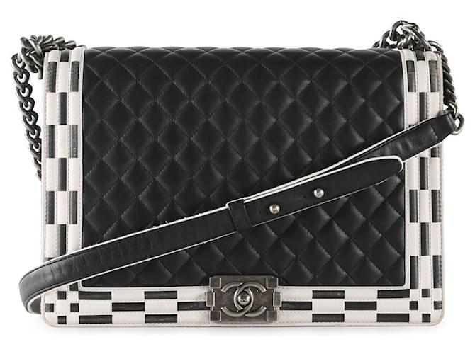 Chanel Black & White Lambskin Leather Flap Boy Bag With Checkerboard Trim  ref.792743